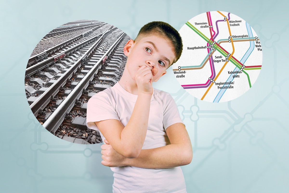 Special Interests in Autism – Boy Fascinated by Trains and Subway Maps A pensive boy, flanked by two circular image details showing railroad tracks and a subway map